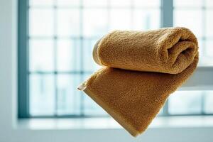 Rolled yellow towel placed on a wooden shelf near a window in a modern bathroom setting during daylight photo
