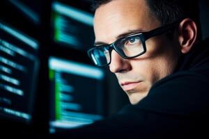 Focused programmer analyzing data on multiple screens in a dimly lit workspace during late hours photo