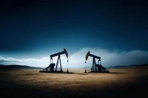 Oil pumps operate in a vast, empty landscape under a dramatic sky during dusk photo