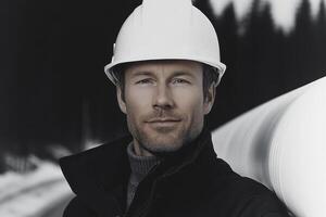 Professional man wearing a hard hat poses confidently near construction site in winter setting photo