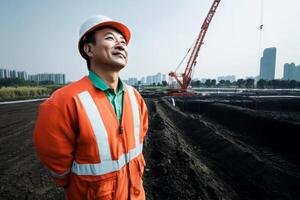 Construction worker on site overlooking urban landscape during daylight with equipment in the background photo