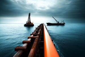 Vessels working near a pier in stormy weather at sea photo
