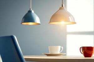 Hanging modern lamps illuminate a cozy dining area with warm sunlight during a serene afternoon photo