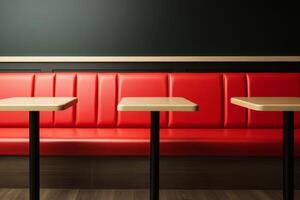 Cozy diner interior with red booths and wooden tables in a modern setting photo