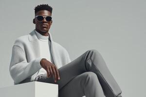 Stylish man poses confidently in modern fashion against a minimalist background photo