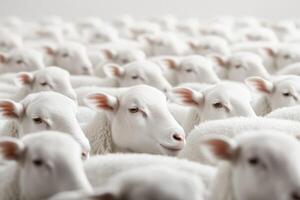 Flock of white sheep gathered closely together in a serene indoor setting during daylight hours photo
