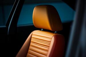 Stylish leather car seat highlighting intricate design elements with soft lighting in a modern automotive interior photo