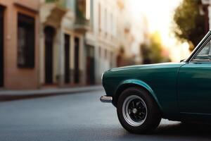 Classic green car parked on a quiet street at sunset with soft light illuminating the surroundings photo