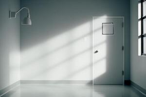 Bright sunlight streams into a minimalistic room, highlighting shadow patterns on the smooth floor and an empty doorway photo