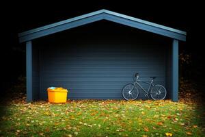 Bike parked next to a storage shed surrounded by autumn leaves during a sunny day photo