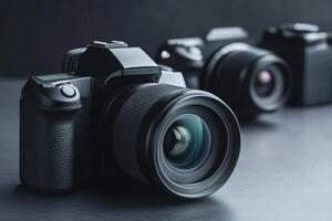 Close-up view of modern cameras arranged on a dark surface highlighting lens details and design in a studio setting photo