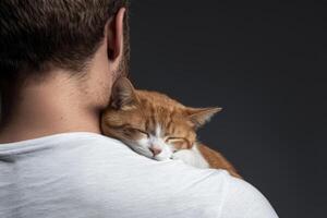 Cat resting peacefully on a person's shoulder in a cozy indoor setting during a calm evening photo