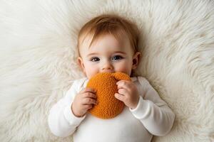 Baby playing with a soft orange toy on a fluffy white rug in a cozy indoor setting during daytime photo
