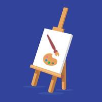 Easel with brush and palette on blue background flat style illustration. vector