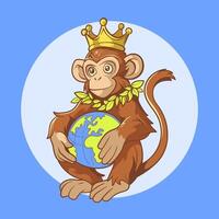 A cartoon monkey with a crown holding a globe vector
