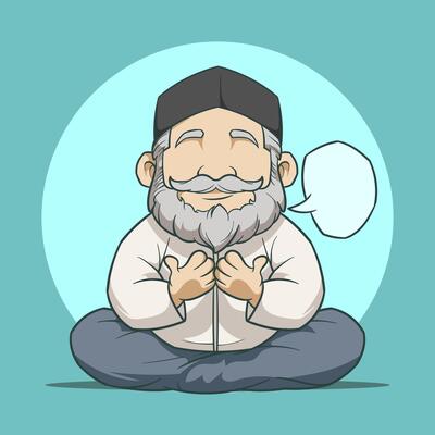 Cartoon muslim man sitting in lotus position with speech bubble
