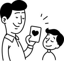 Child give greeting card to his father, doodle style icon vector
