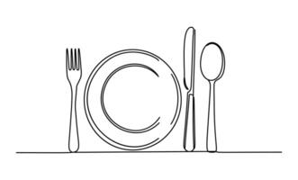 Fork, knife, plate and spoon, each drawn in a minimalistic way with a single line. Carefully placed on a white background. vector