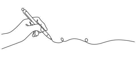 A hand holding a pen and writing in a single line. A simple linear letter or diary idea. Symbols of a school subject with editable strokes. vector