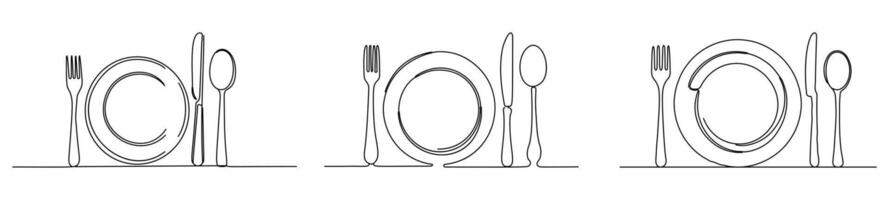 Fork, knife, spoon and plate, each designed with a minimalist single line. The white background creates a simple but effective look. vector