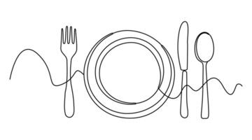 Fork, knife, spoon and plate, expressed with a minimalist drawing, are placed on a white background with a continuous single line. vector