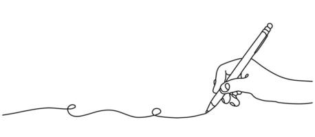 A hand holding a pen writing in a continuous line. A letter or diary concept with simple linear drawing. A combination of editable strokes and school symbols. A hand-drawn doodle style drawing. vector