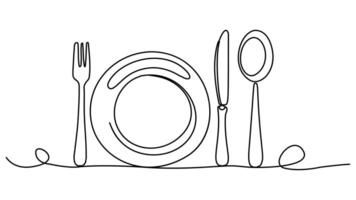 Fork, plate, knife and spoon created with a single line. A simple design on a white background with a minimalist perspective. vector