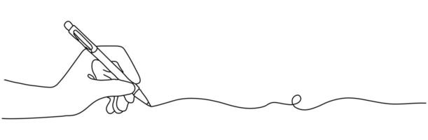 A hand holding a pen and drawing a solid line. A letter or diary concept written in a simple linear style. Symbols of school lessons with editable strokes. A hand-drawn doodle drawing. vector