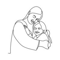 A hand-drawn single line illustration of a mother and child hugging, reflecting a happy and loving family. vector
