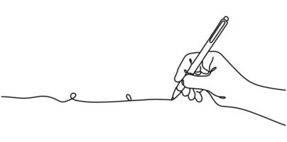 A hand holding a pen and writing in a continuous line. A letter or diary idea with a simple linear drawing. School symbols with editable strokes. vector