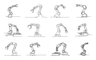 Mechanical robot arm in trendy outline style is drawn as a continuous line isolated on a white background. vector