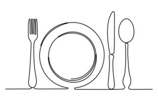 Fork, plate, knife and spoon drawn with a minimalist single line. The white background completes the elegance of the design. vector