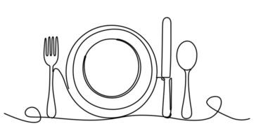 Design of fork, knife, plate and spoon, each drawn with a single line. On an isolated white background with a simple and stylish minimalist touch. vector