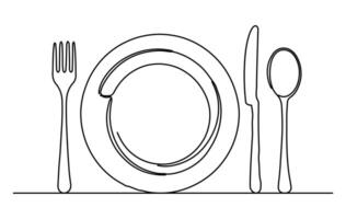 Fork, plate, knife and spoon, drawn in a minimalistic way with a single line. The white background presents every detail clearly. vector