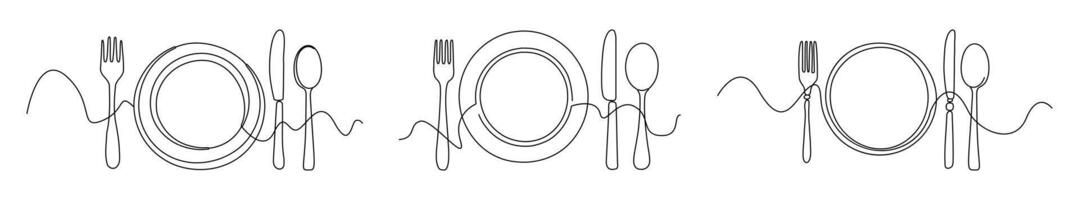 Fork, plate, knife and spoon, elegantly drawn with a single line. The background is white. vector