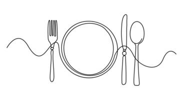 Fork, knife, plate and spoon are designed with a single line. The white background creates a simple and modern look. vector