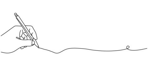A hand holding a pen and drawing a continuous line. A letter or diary concept with a simple linear drawing. Editable strokes symbolizing school lessons. vector