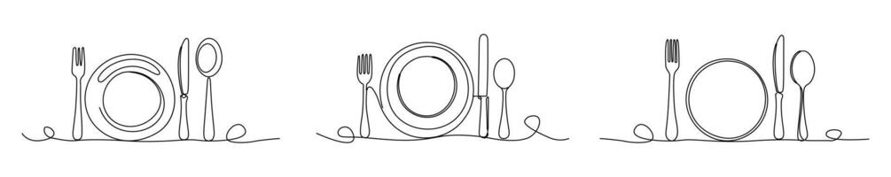 Fork, plate, knife and spoon, each drawn with a single line in a minimalist way. The white background offers a simple design, far from details. vector
