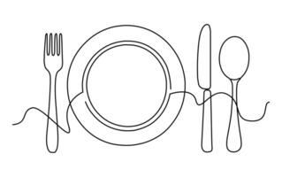 Fork, knife, spoon and plate drawn with a minimalist approach. This drawing created with a continuous single line reflects the elegance of the cutlery set. vector