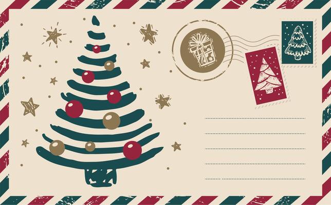 Christmas card with tree, postcard, hand drawn illustration.
