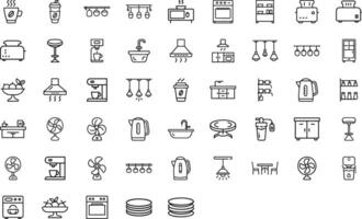 Set Of Kitchen Furniture Related Editable Icons Contains Such As Fruit Basket, Lights, Pot Holders And Rice Cooker Illustration In Modern Thin Line Style On Isolated White Background vector