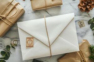 A white envelope wrapped in brown paper with a christmas tree and pine cones photo