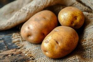 Three potatoes on a sack on a wooden table photo
