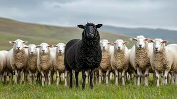 A black sheep standing in a field of white sheep photo