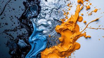 A painting with blue and orange paint splatters on a white background photo