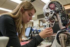 A woman working on a robot in a lab photo