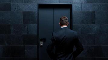 A man in a suit standing in front of an open door photo