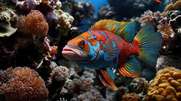 A colorful fish swimming in the ocean with coral photo