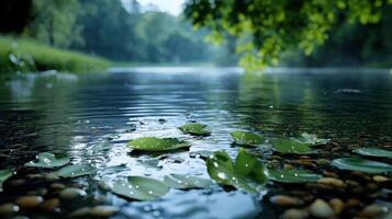 A pond with a lot of leaves floating on the water photo