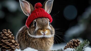 A rabbit wearing a red hat and pine cones photo